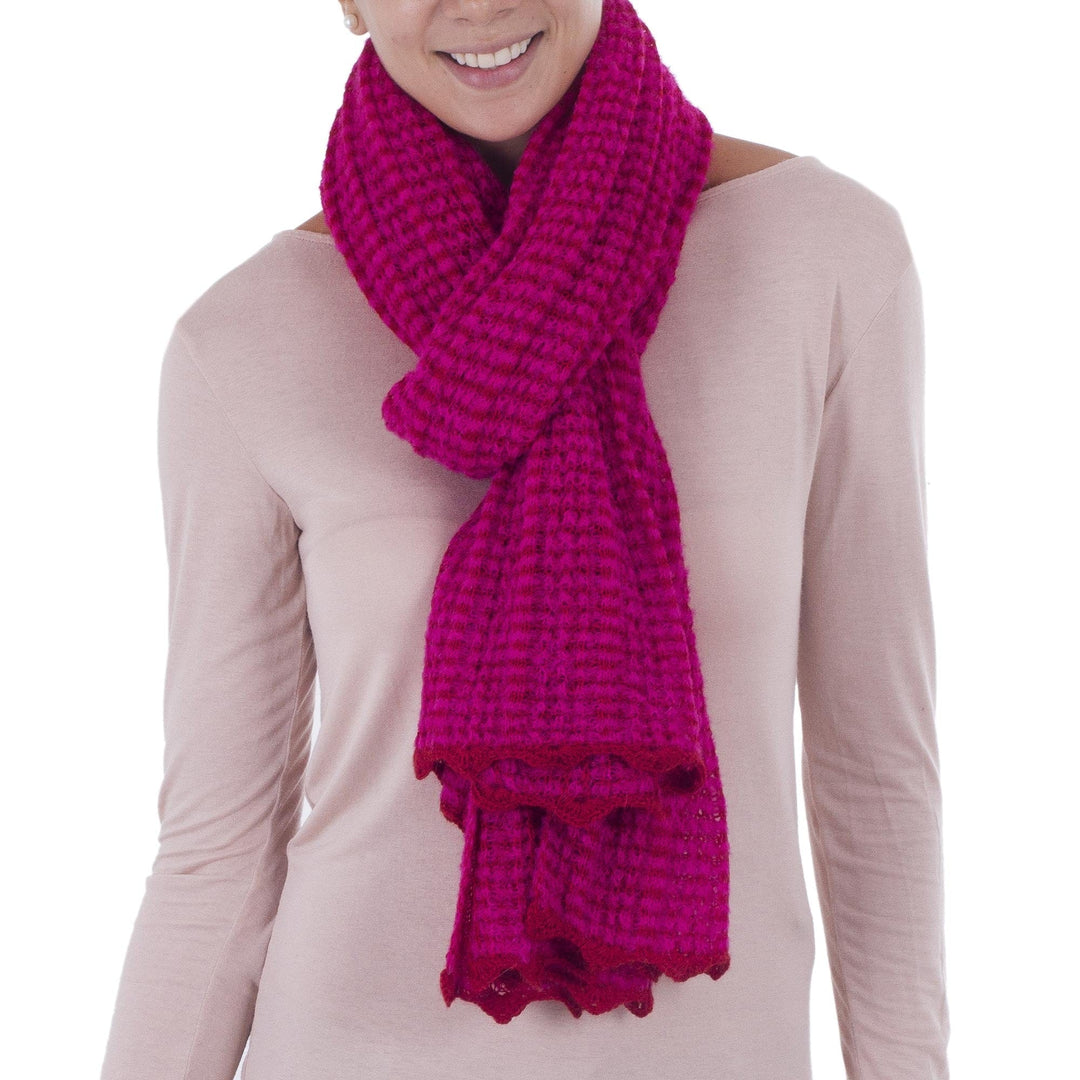 Peruvian Boucle Scarf Knitted in Fuchsia & Red Alpaca Blend - Fuchsia Connection