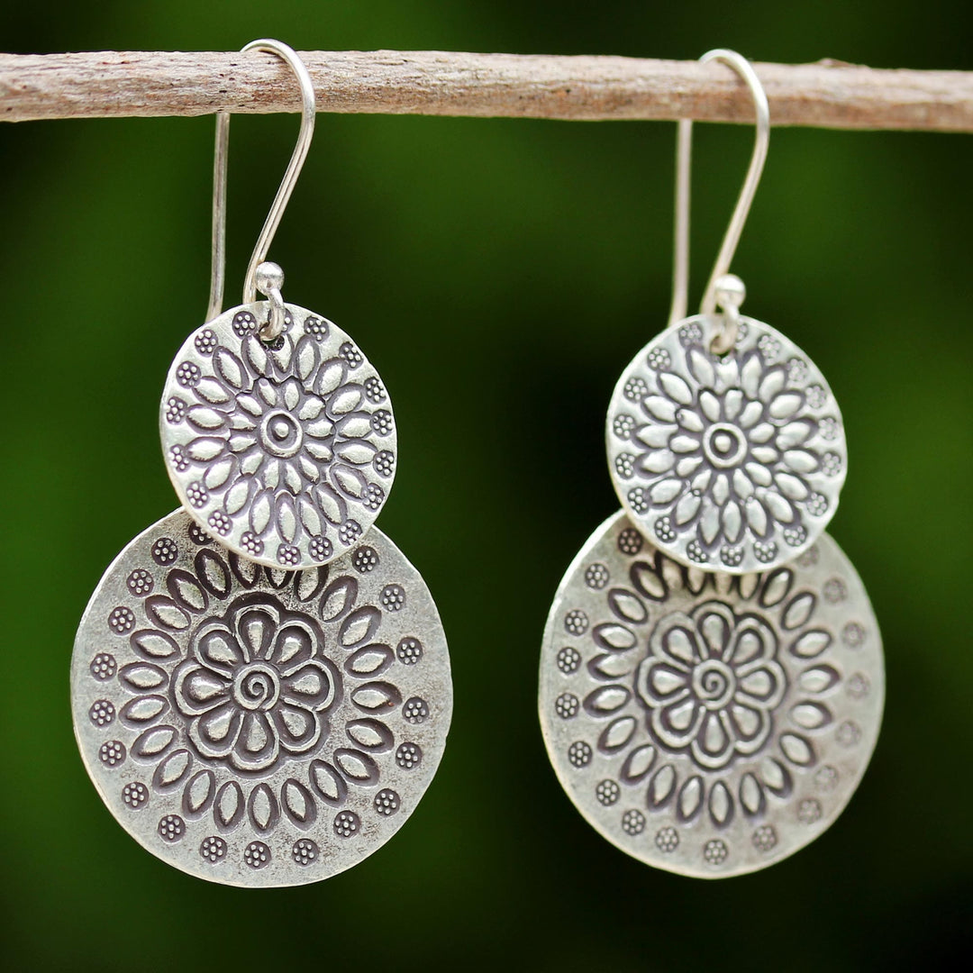 Handmade Karen Silver Dangle Earrings from Thailand - Karen Sunflowers