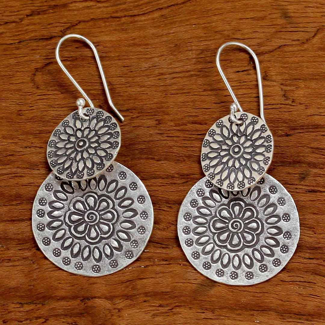 Handmade Karen Silver Dangle Earrings from Thailand - Karen Sunflowers