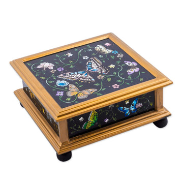 Black Reverse-Painted Glass Decorative Box with Butterflies - Midnight Garden