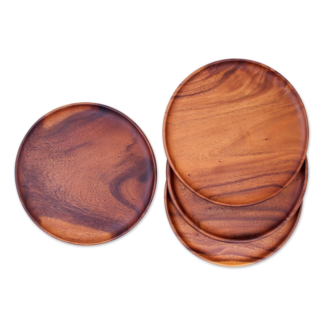 4 Natural Wood Round 10 Plates Hand Crafted in Thailand - Natural Discs