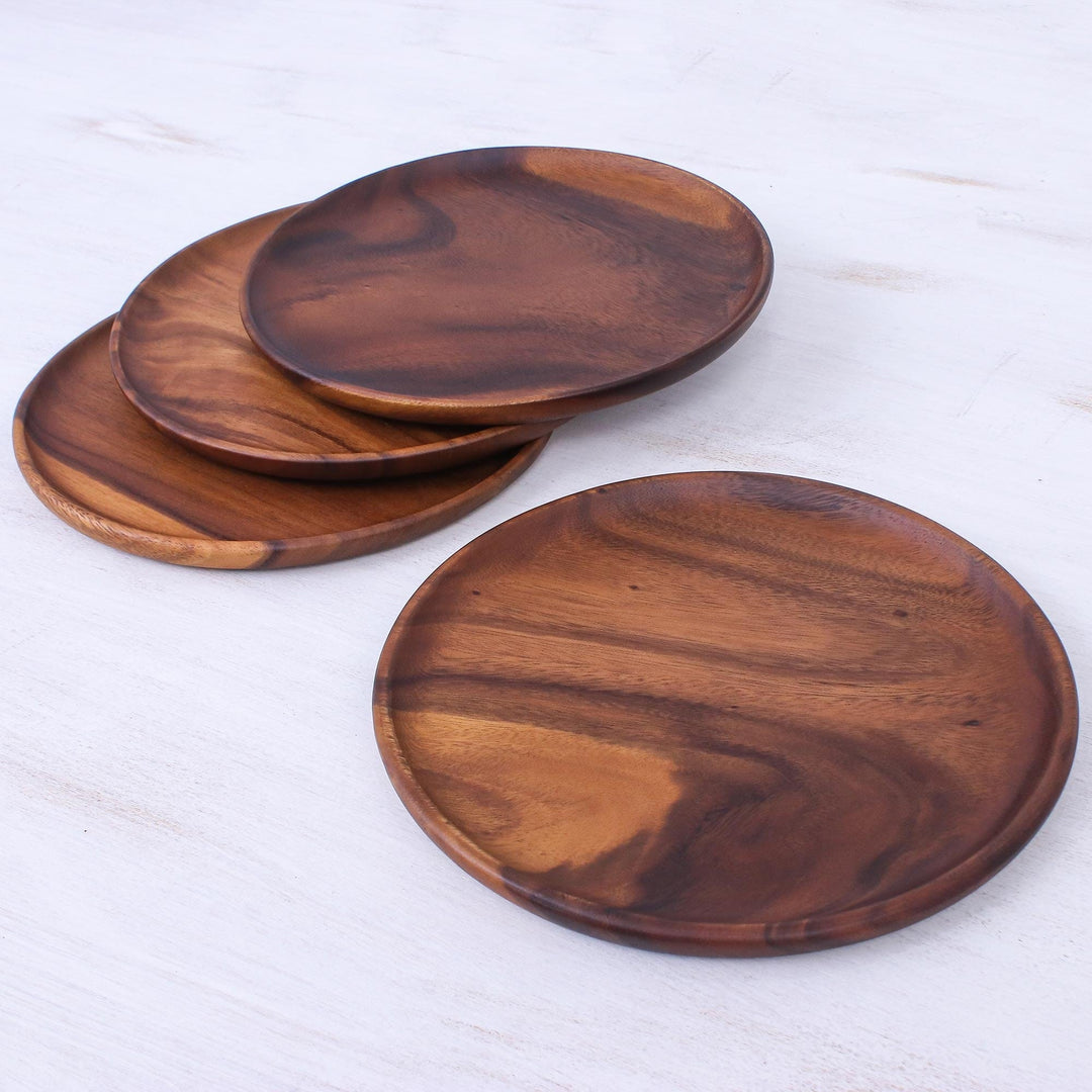 4 Natural Wood Round 10 Plates Hand Crafted in Thailand - Natural Discs