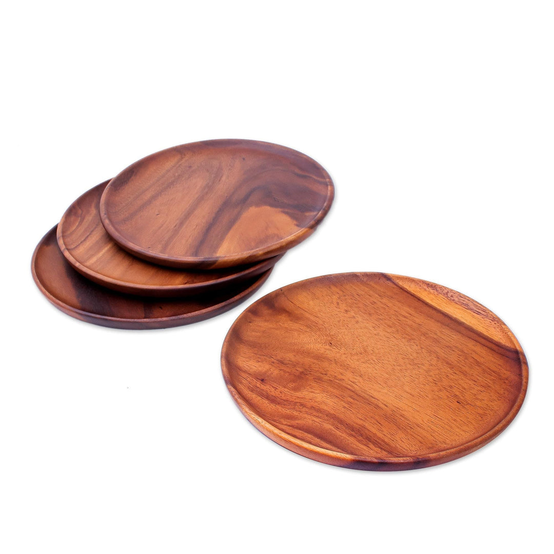 4 Natural Wood Round 10 Plates Hand Crafted in Thailand - Natural Discs