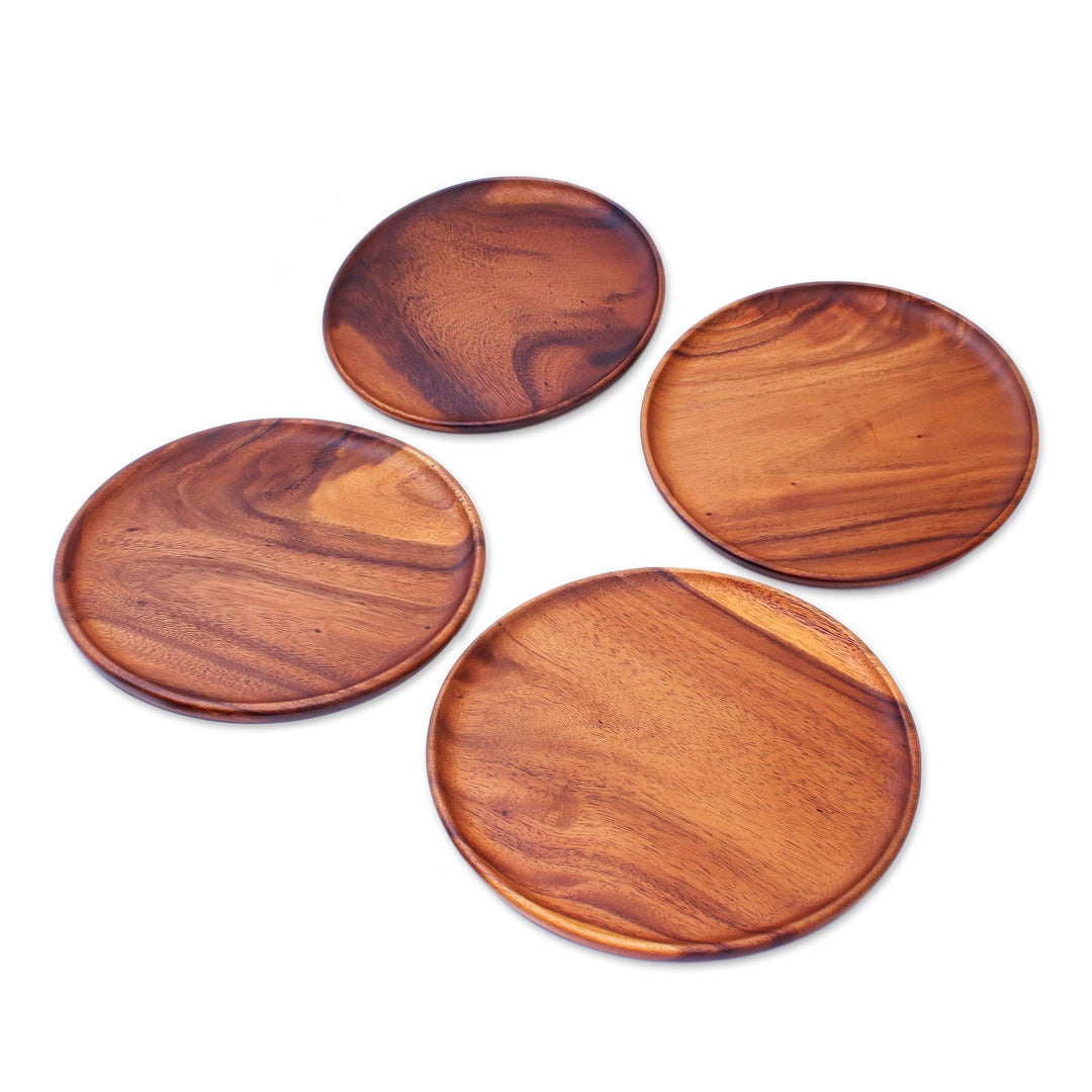 4 Natural Wood Round 10 Plates Hand Crafted in Thailand - Natural Discs