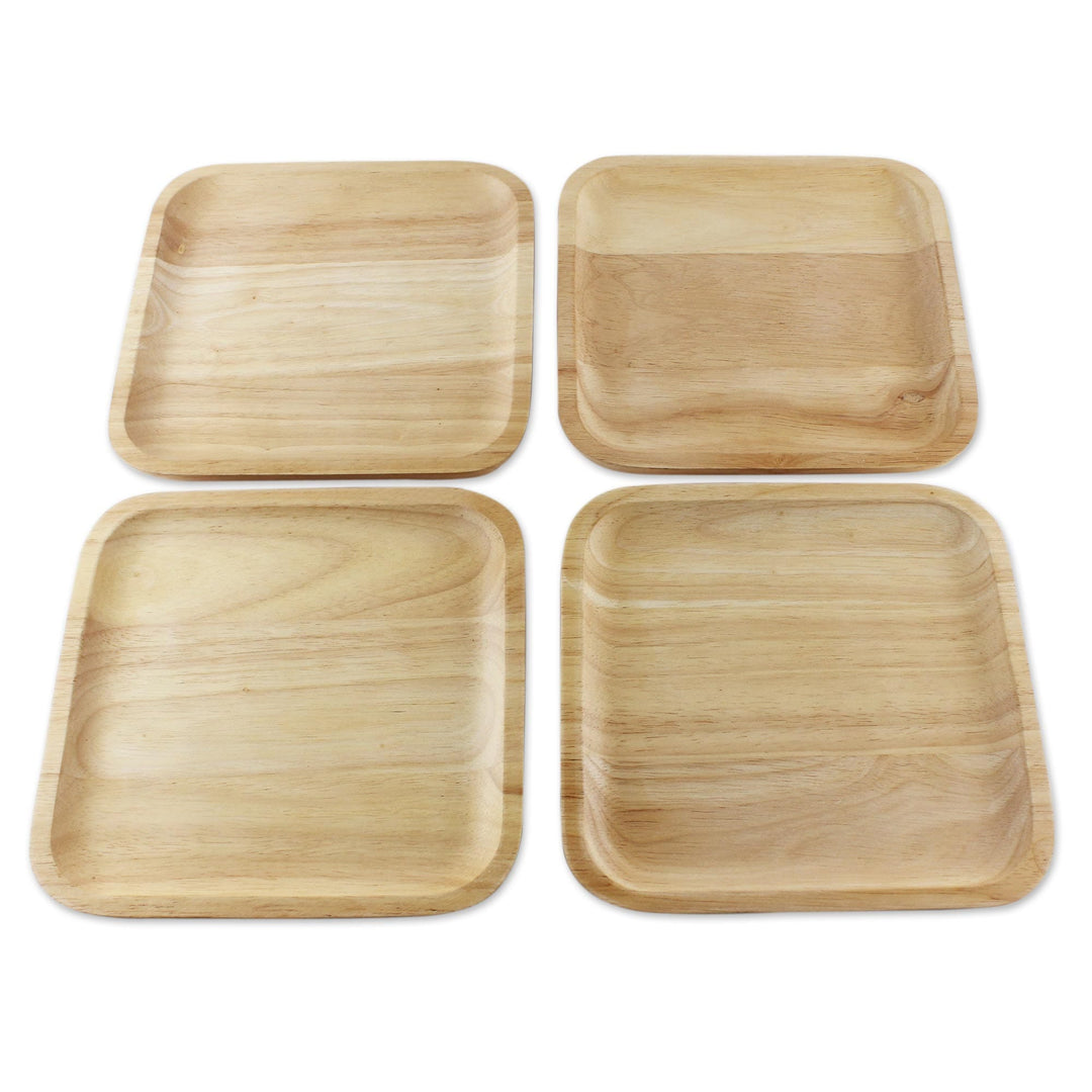 4 Artisan Crafted Wood Square Plates Hand Carved in Thailand - Natural Squares