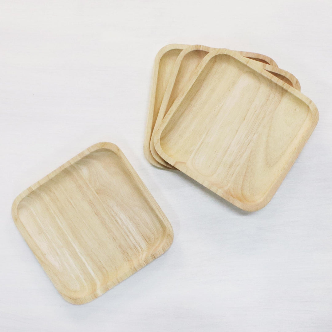 4 Artisan Crafted Wood Square Plates Hand Carved in Thailand - Natural Squares