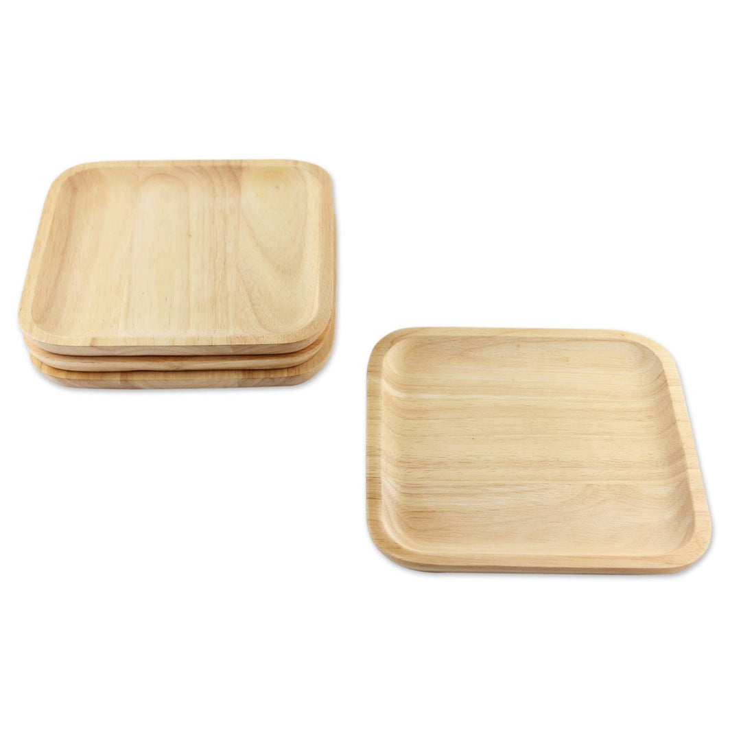4 Artisan Crafted Wood Square Plates Hand Carved in Thailand - Natural Squares