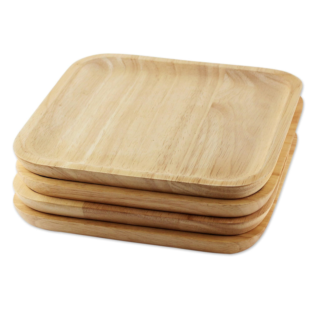 4 Artisan Crafted Wood Square Plates Hand Carved in Thailand - Natural Squares