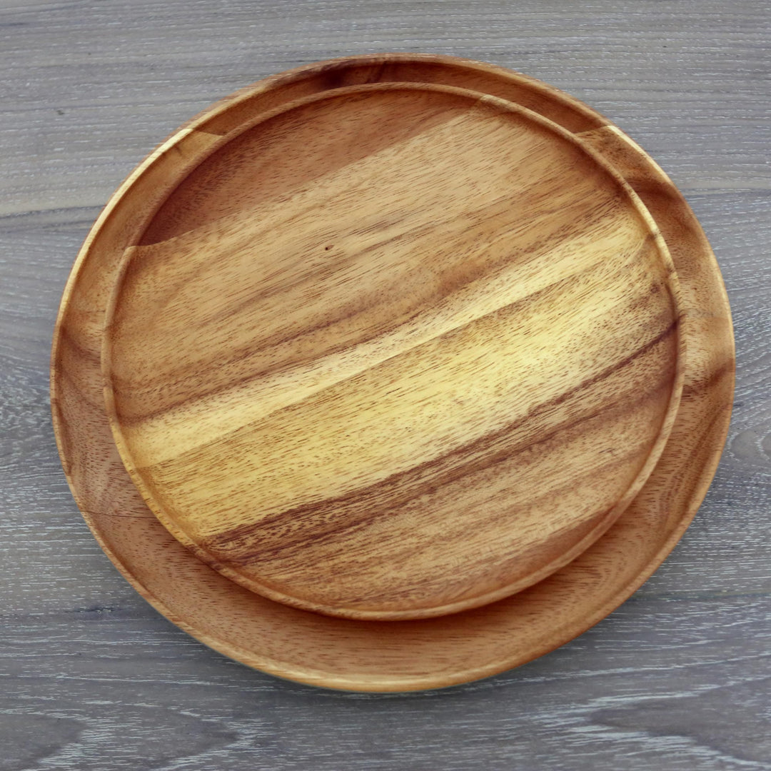 Two Handcrafted Raintree Wood Plates from Thailand - Planetary Meal