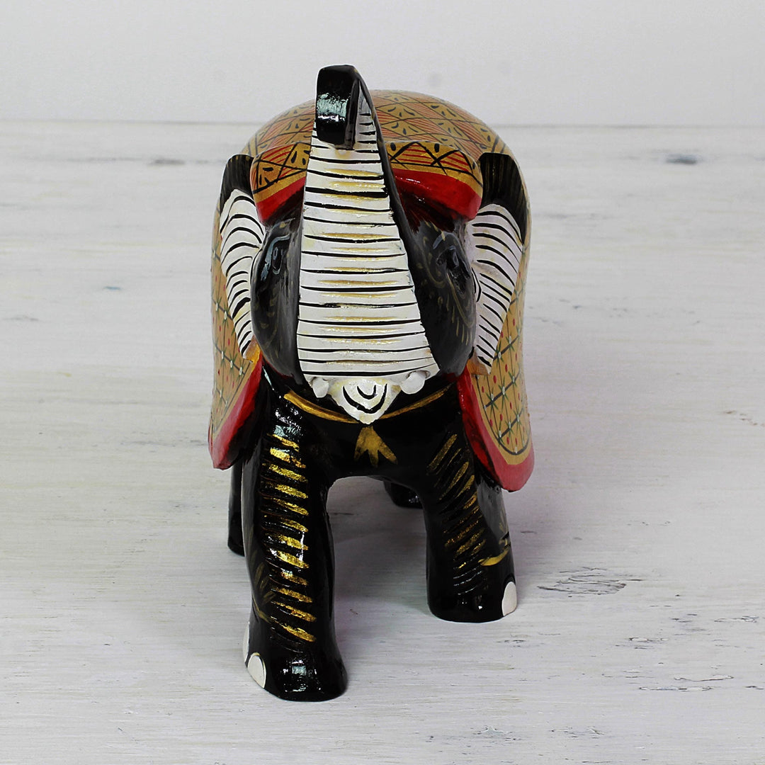 Handcrafted Black Elephant Wood Figurine with Golden Coat - Elephant Fortune