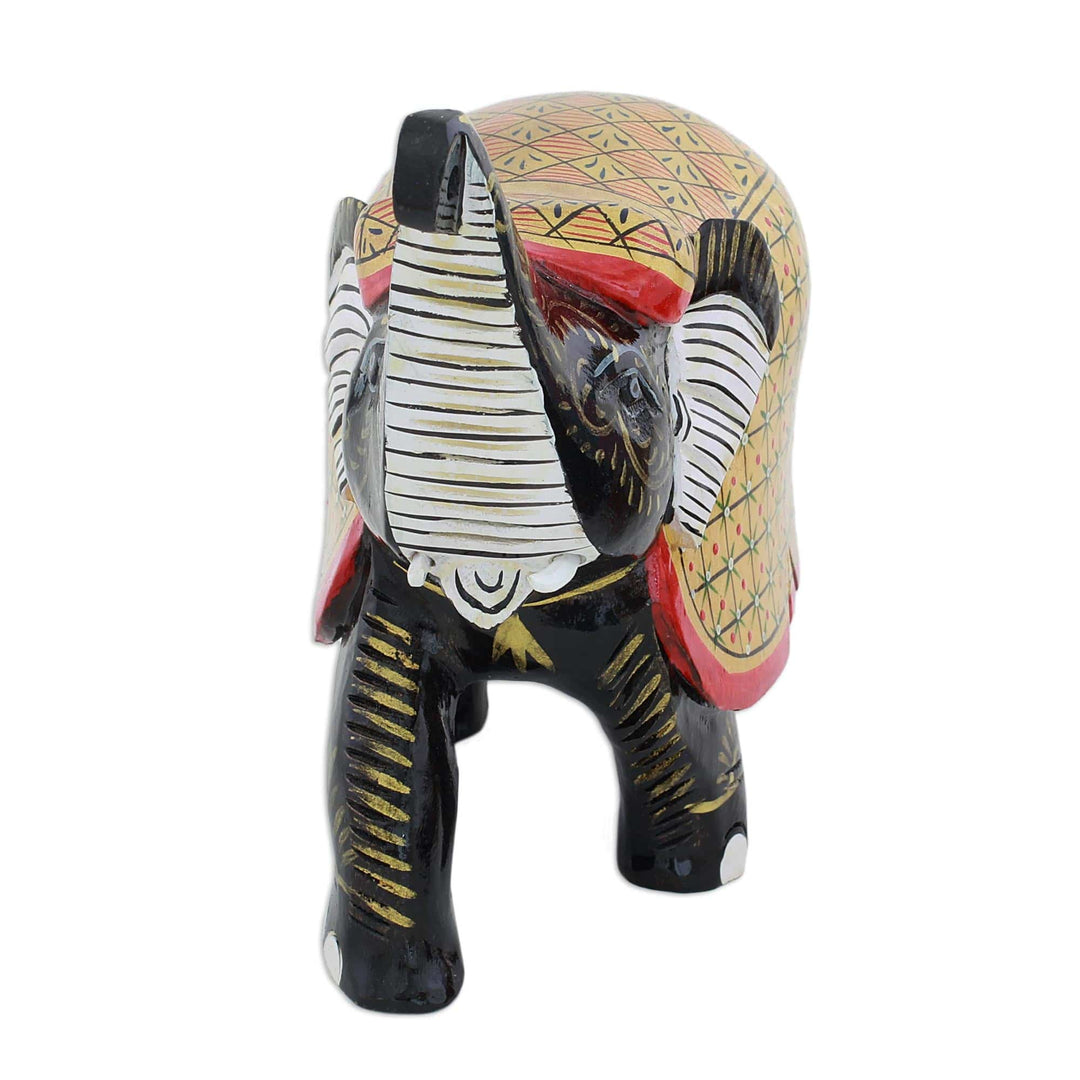 Handcrafted Black Elephant Wood Figurine with Golden Coat - Elephant Fortune