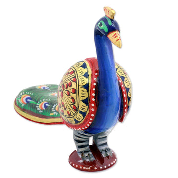 Hand Carved Multicolored Peacock Figurine from India - Posturing Peacock