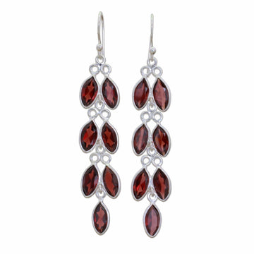 Garnet and Sterling Silver Dangle Earrings from India - Sparkling Red Leaves