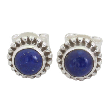 Lapis Lazuli and Sterling Silver Stud Earrings from India - Blue Globe
