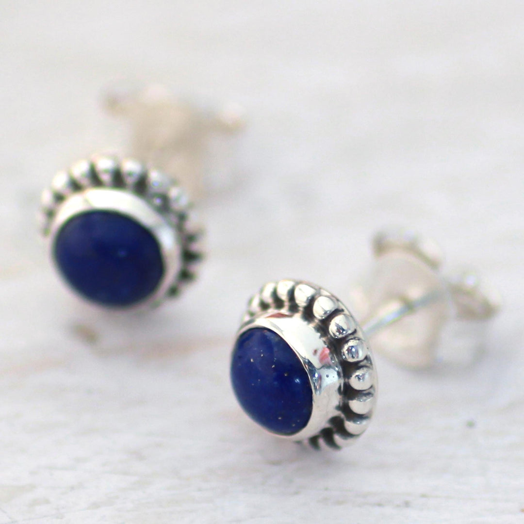 Lapis Lazuli and Sterling Silver Stud Earrings from India - Blue Globe