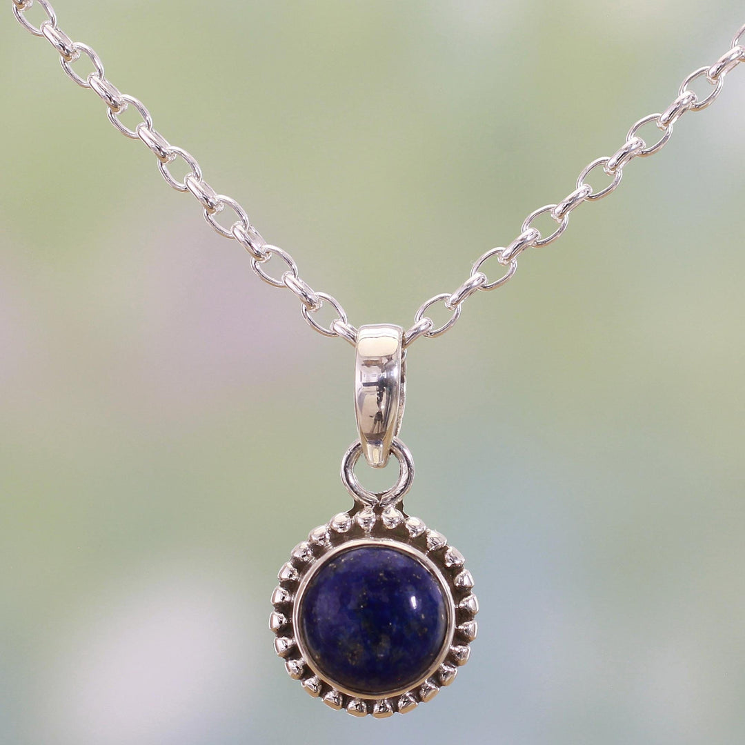Lapiz Lazuli and Sterling Silver Pendant Necklace from India - Blue Globe