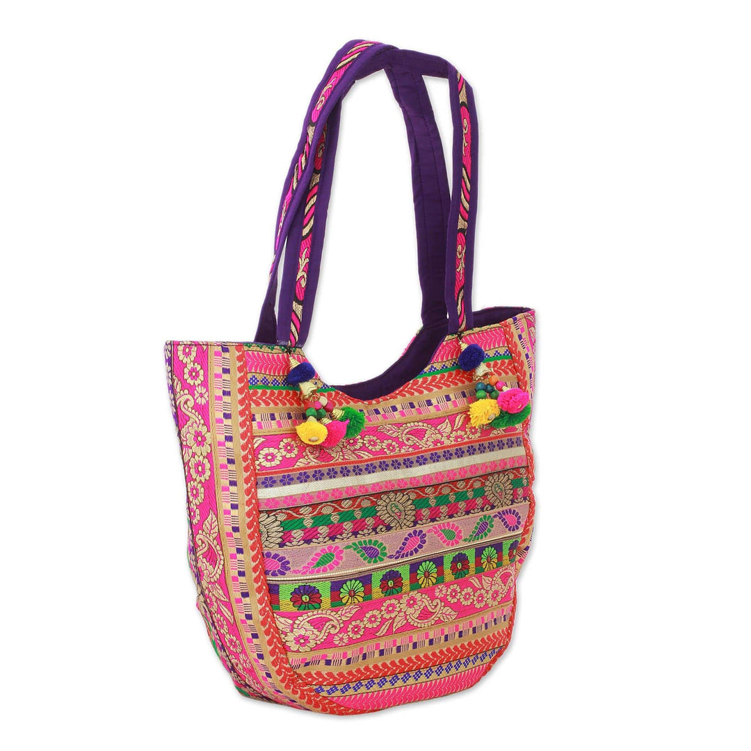 Polyester Floral Paisley Tote Handbag from India - Paisley Glamour