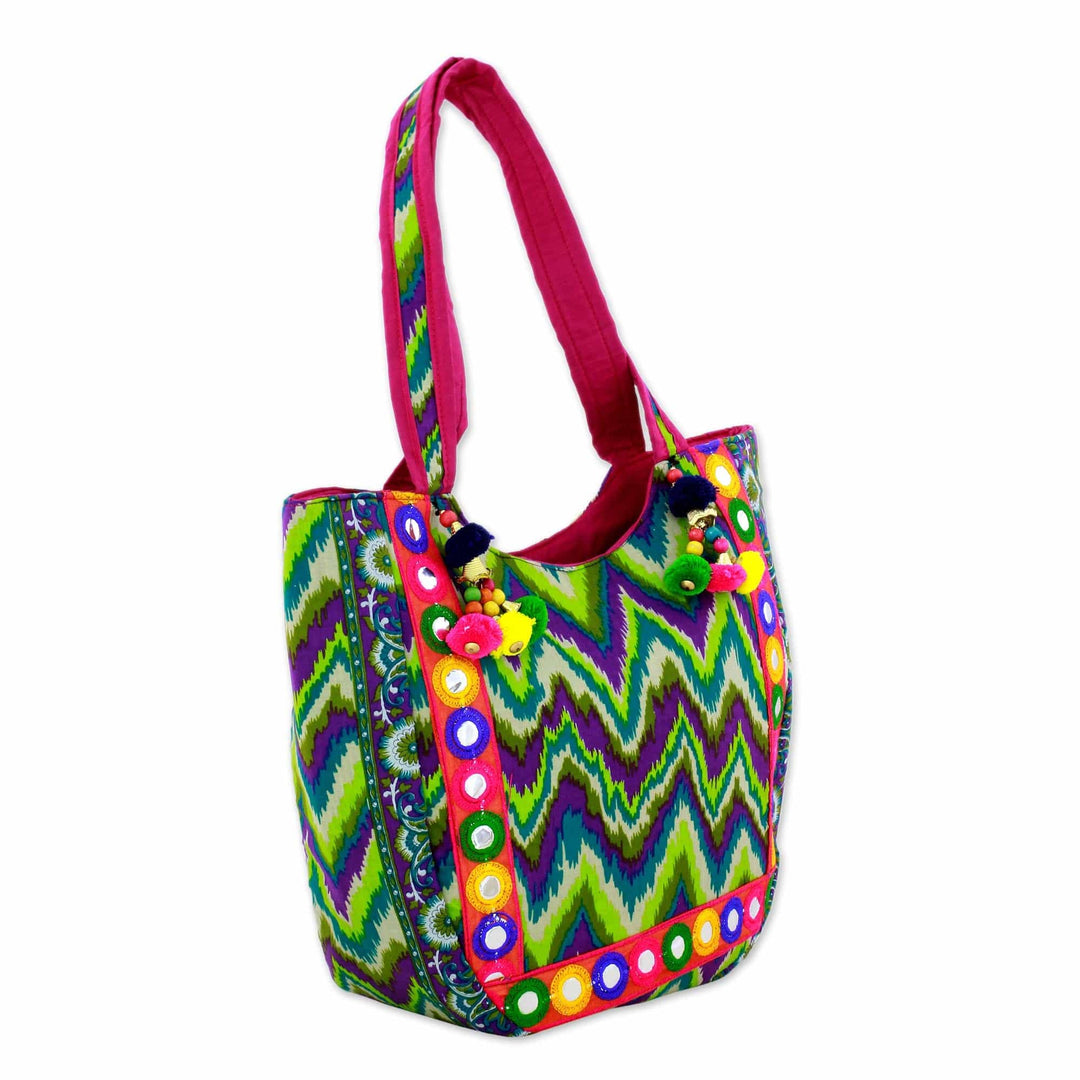 Tote Handbag with Green Zigzag Motifs - Sonic Green