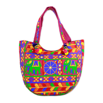 Multicolored Embroidered Tote Handbag - Elephant Flower in Fuchsia