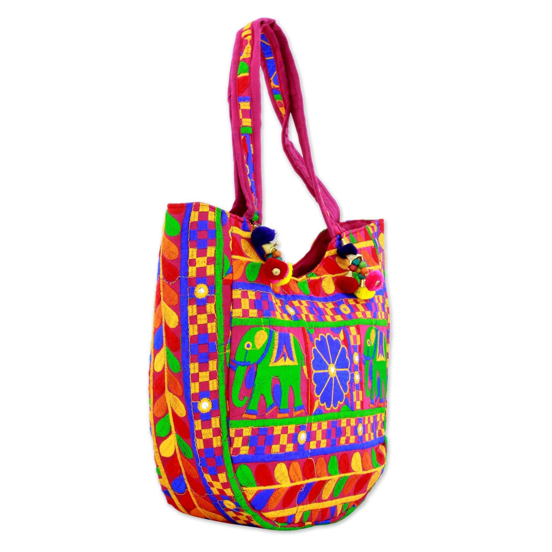 Multicolored Embroidered Tote Handbag - Elephant Flower in Fuchsia