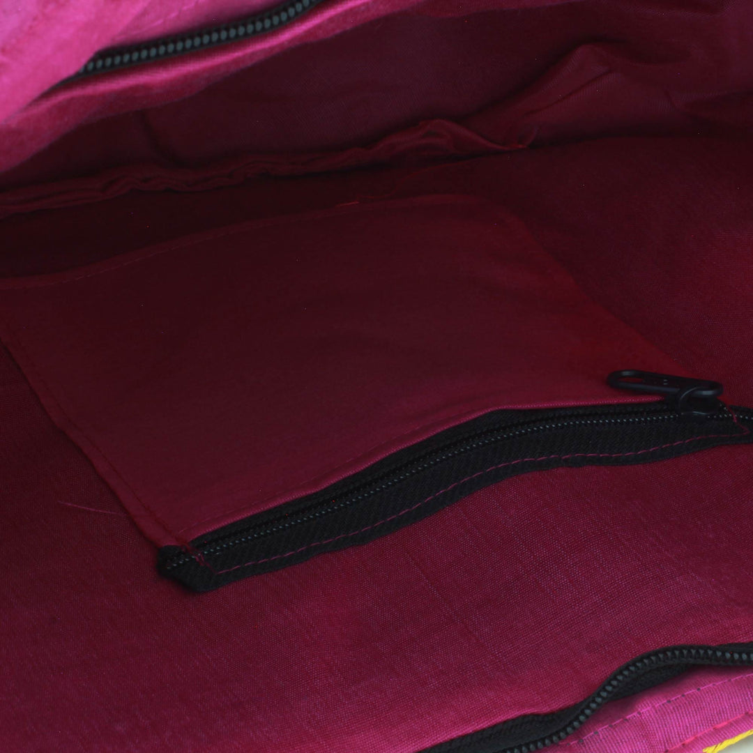 Multicolored Embroidered Tote Handbag - Elephant Flower in Fuchsia