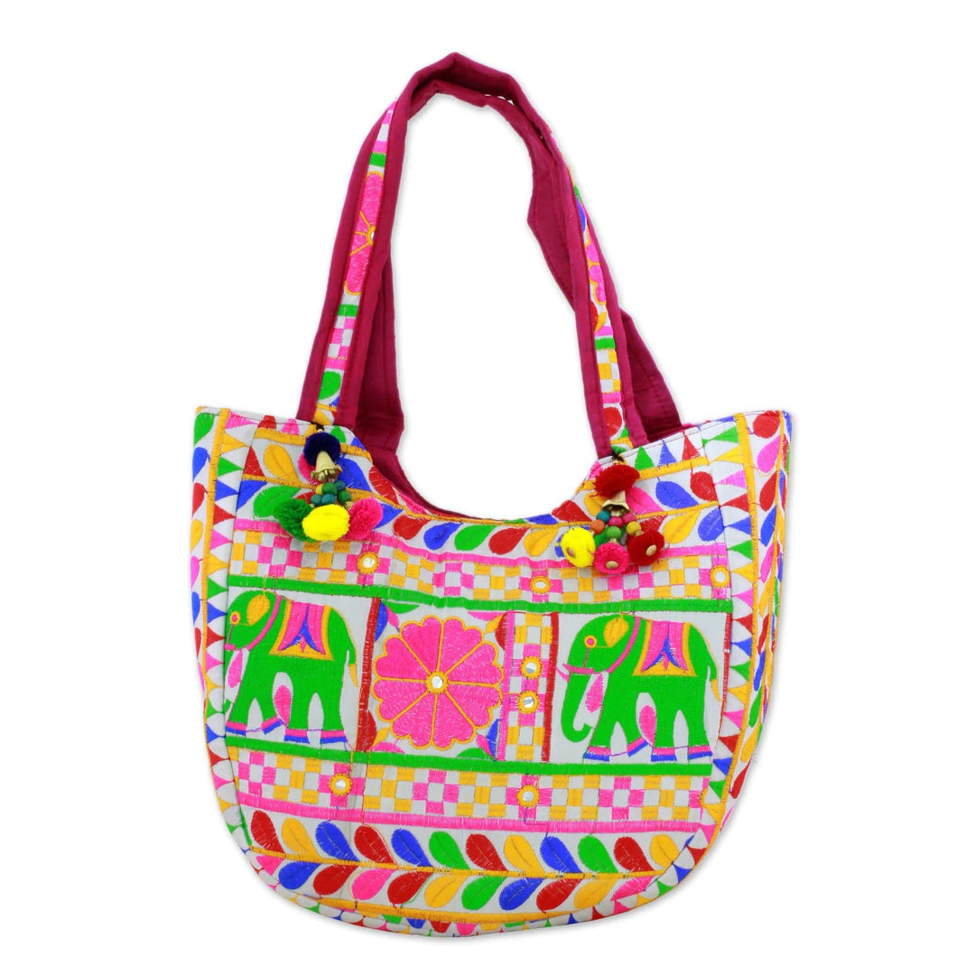 Floral Elephant Embroidered Tote Handbag - Elephant Flower in Eggshell