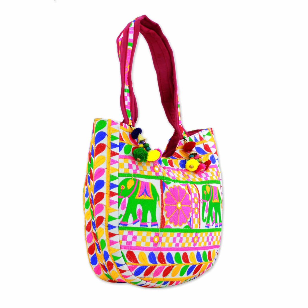 Floral Elephant Embroidered Tote Handbag - Elephant Flower in Eggshell