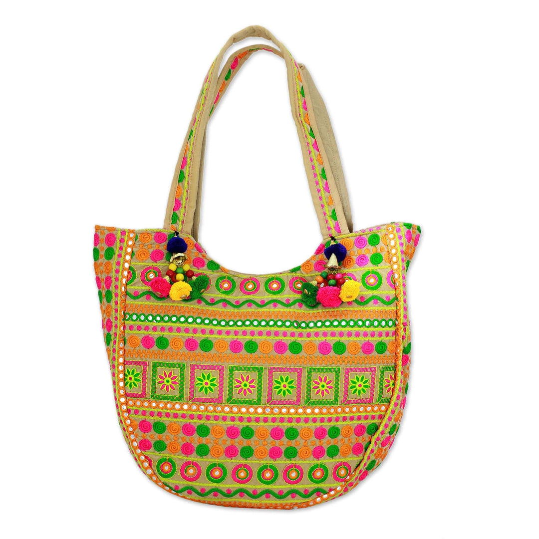 Floral Spiral Embroidered Tote Handbag - Spiraling Floral