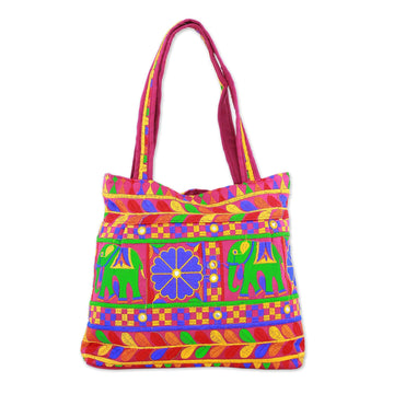 Tote Handbag with Floral and Elephant Motifs - Elephant Fantasies in Magenta