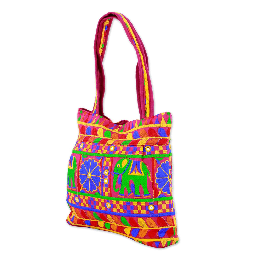 Tote Handbag with Floral and Elephant Motifs - Elephant Fantasies in Magenta