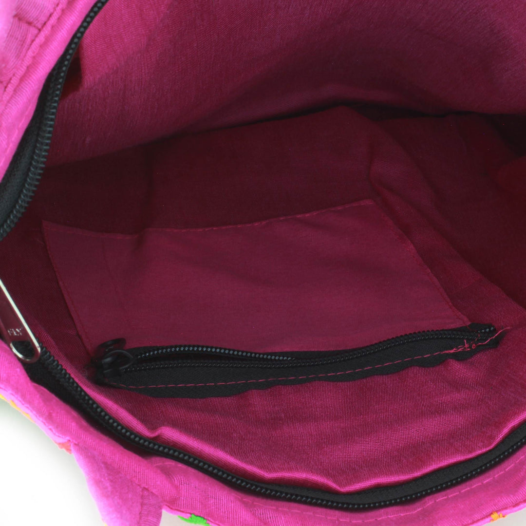 Tote Handbag with Floral and Elephant Motifs - Elephant Fantasies in Magenta