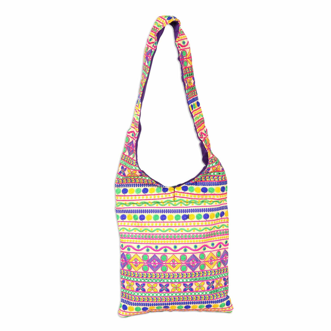 Multi-Colored Geometric Embroidered Striped Sling Handbag - Beige Floral Fantasy
