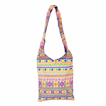 Multi-Colored Geometric Embroidered Striped Sling Handbag - Beige Floral Fantasy