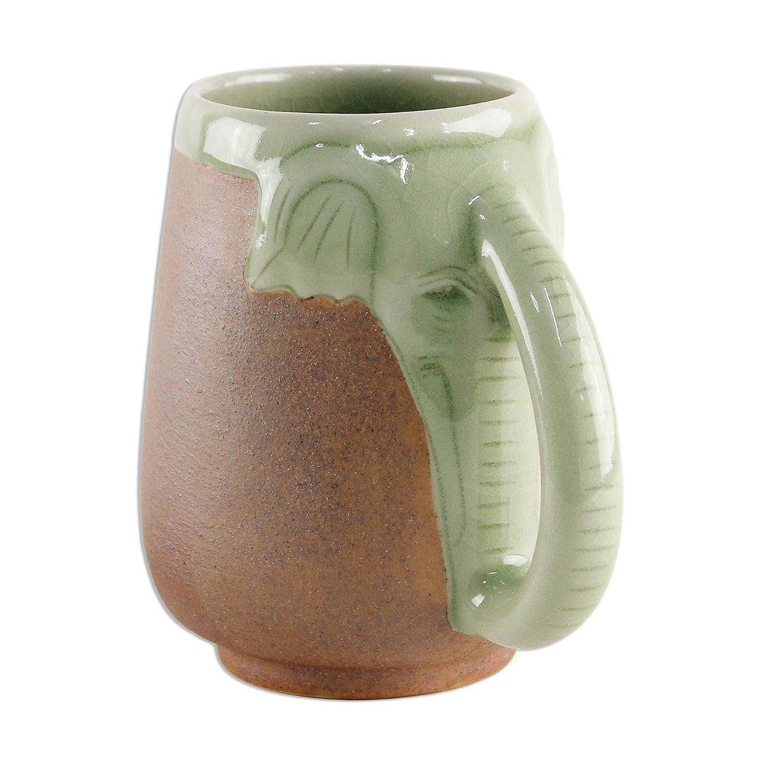 Ceramic Celadon Thai Elephant Mug in Green and Brown - Morning Elephant