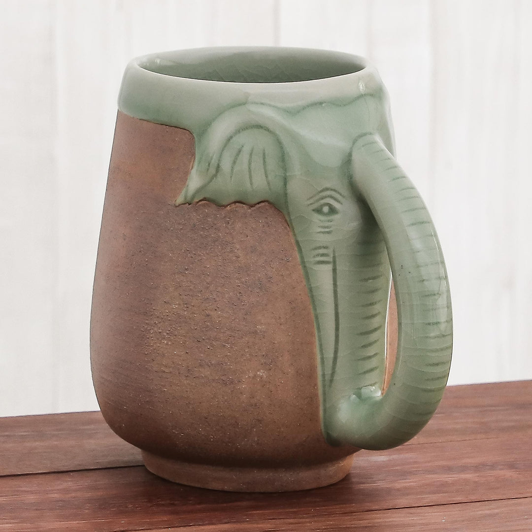 Ceramic Celadon Thai Elephant Mug in Green and Brown - Morning Elephant