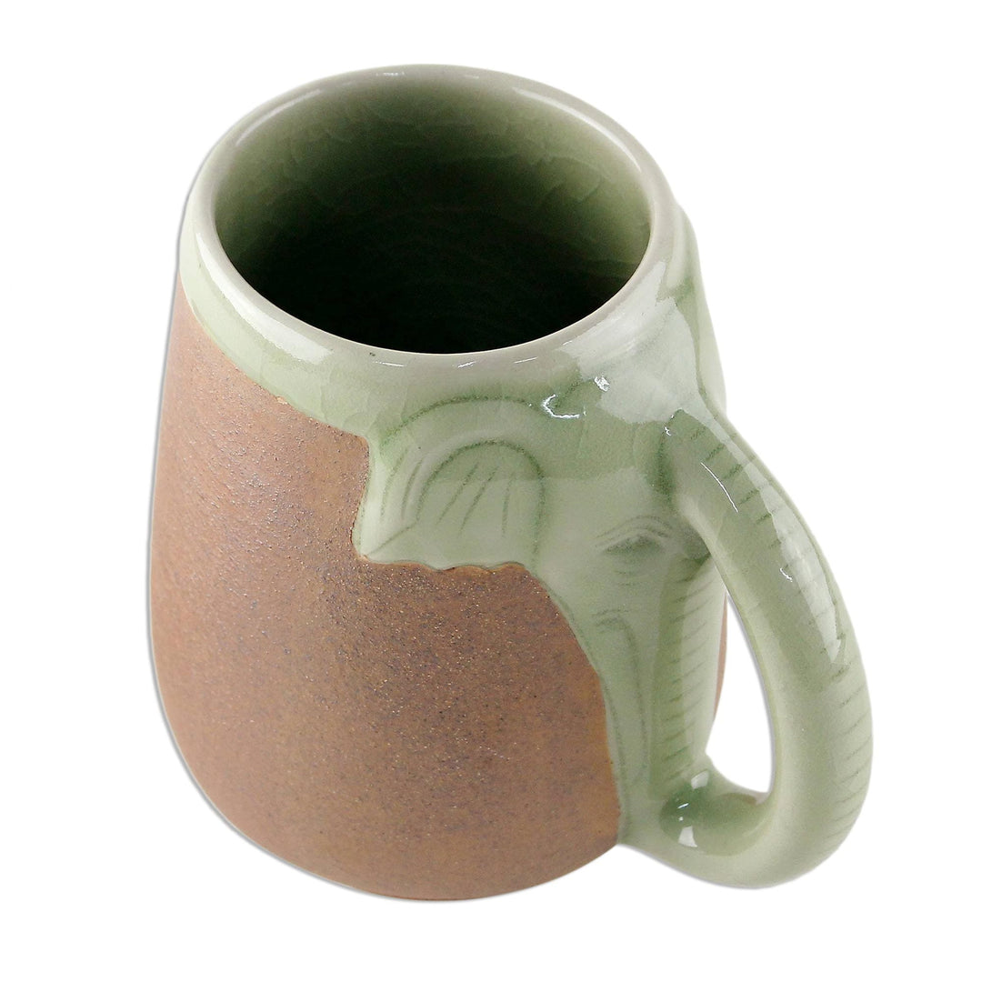 Ceramic Celadon Thai Elephant Mug in Green and Brown - Morning Elephant