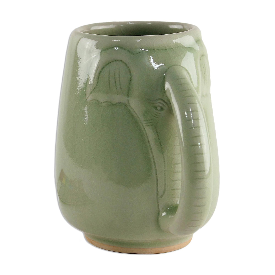 Ceramic Celadon Elephant Mug in Green from Thailand - Morning Elephant in Green