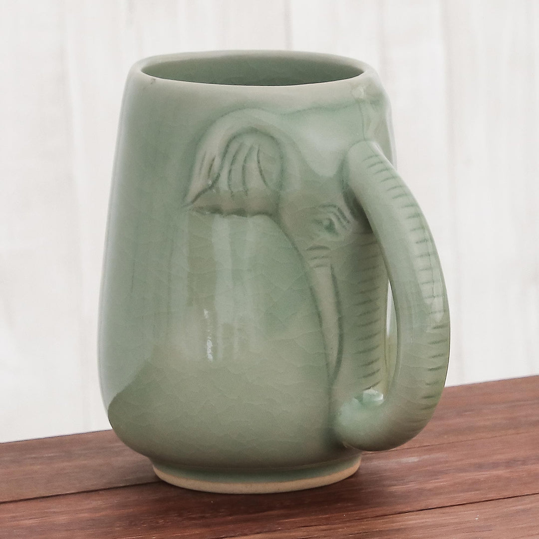 Ceramic Celadon Elephant Mug in Green from Thailand - Morning Elephant in Green