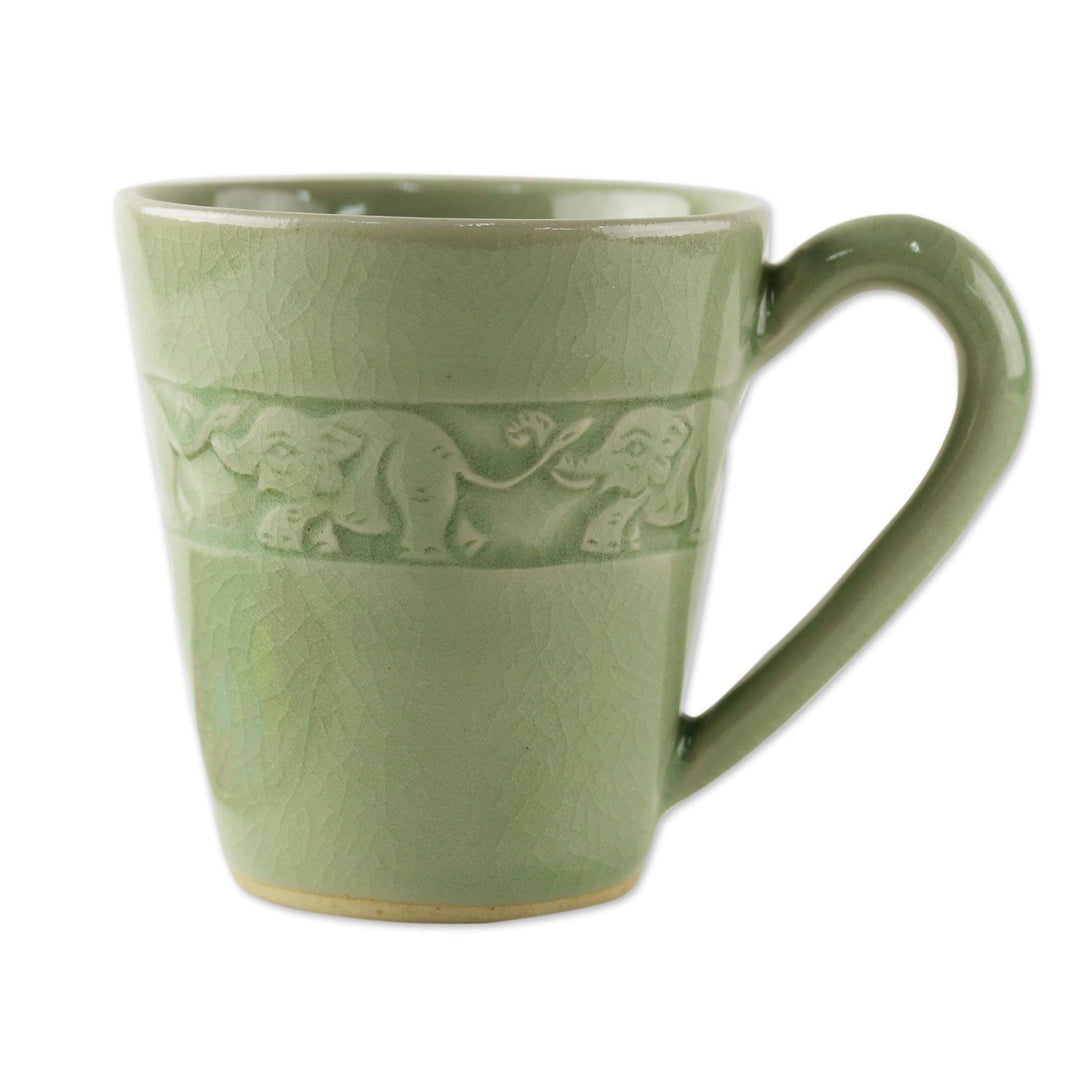 Hand Crafted Celadon Ceramic Elephant Mug from Thailand - Elephant Babies