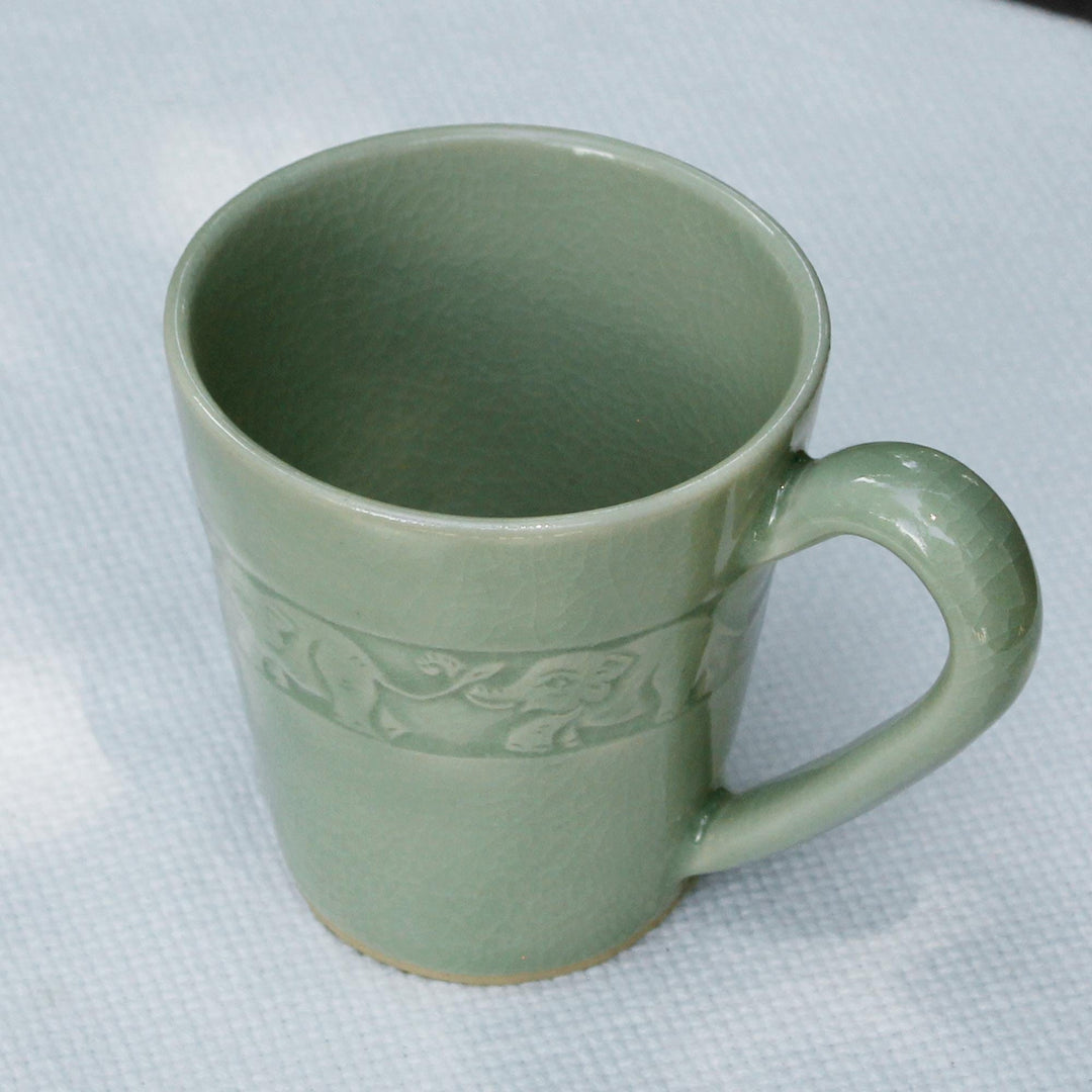 Hand Crafted Celadon Ceramic Elephant Mug from Thailand - Elephant Babies