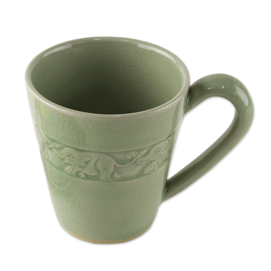 Hand Crafted Celadon Ceramic Elephant Mug from Thailand - Elephant Babies