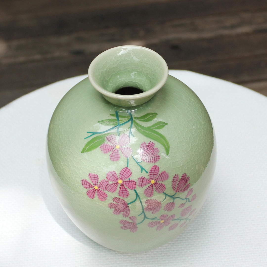 Hand Crafted Celadon Ceramic Floral Vase from Thailand - Round Garden