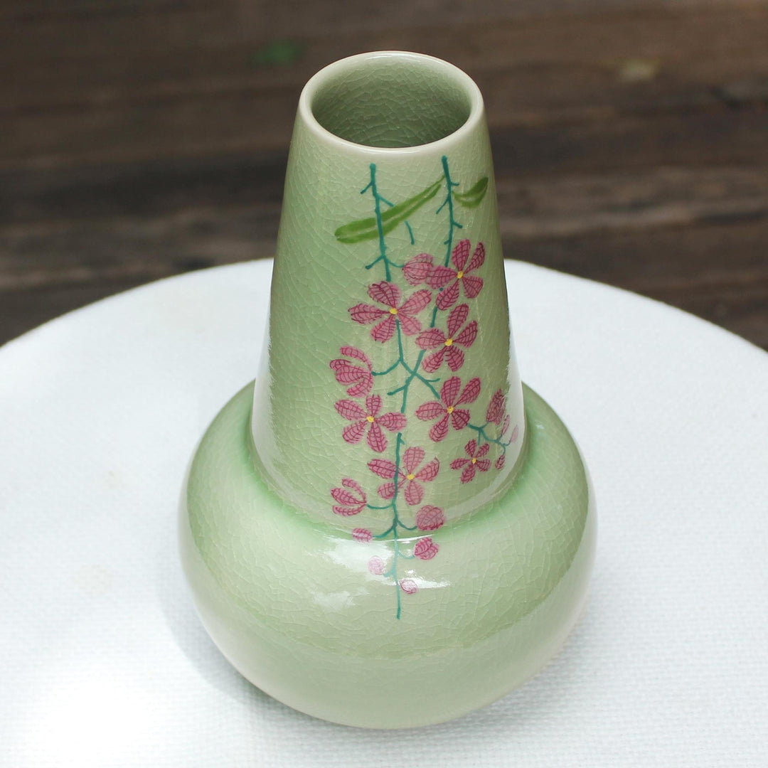 Hand Crafted Celadon Ceramic Floral Vase from Thailand - Hanging Flowers