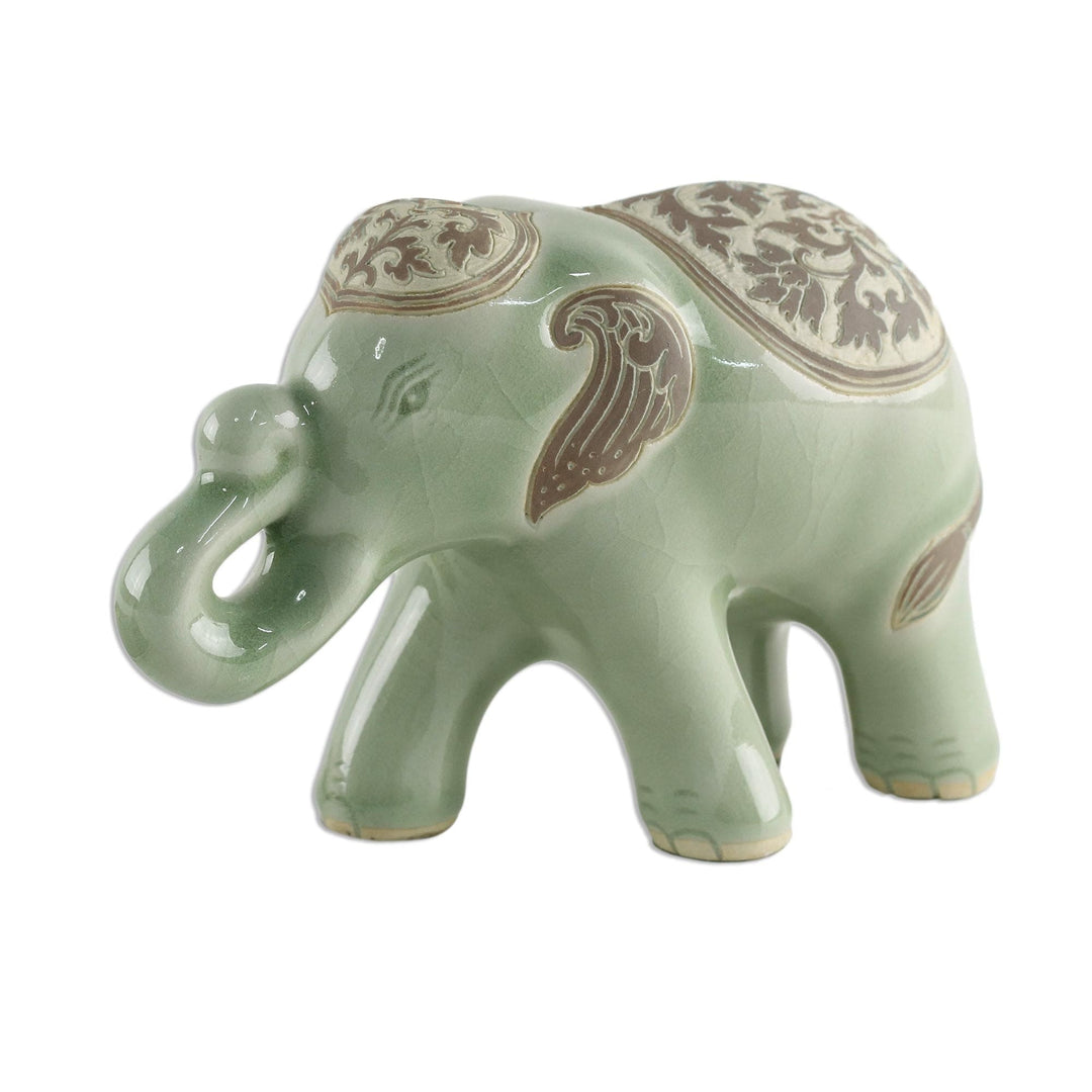 Celadon Ceramic Sculpture of an Elephant from Thailand - Prestigious Elephant in Olive