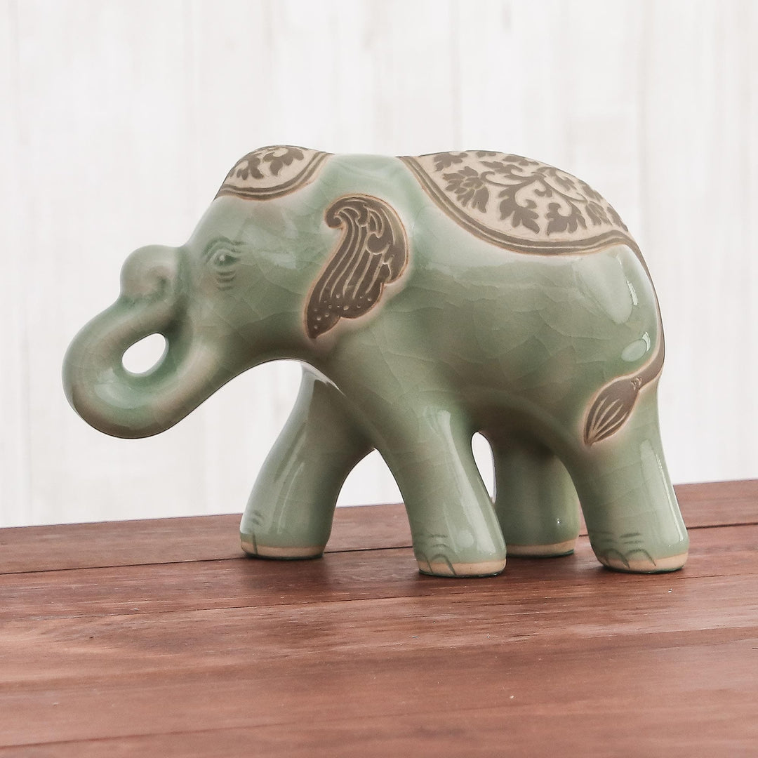 Celadon Ceramic Sculpture of an Elephant from Thailand - Prestigious Elephant in Olive