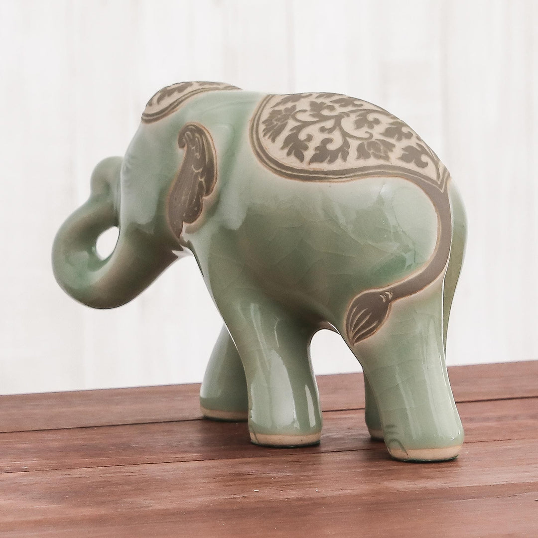 Celadon Ceramic Sculpture of an Elephant from Thailand - Prestigious Elephant in Olive