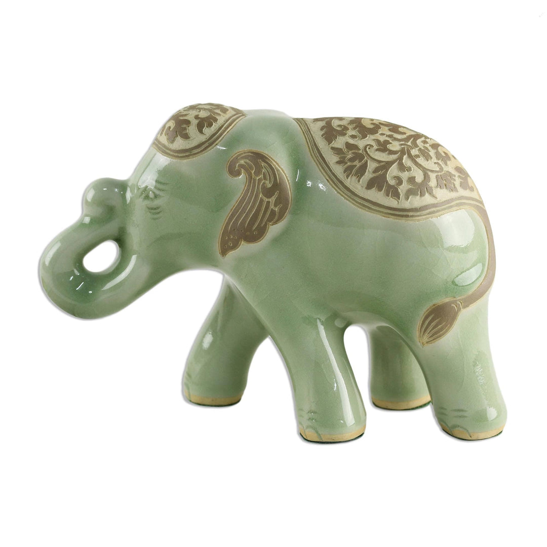 Celadon Ceramic Sculpture of an Elephant from Thailand - Prestigious Elephant in Olive