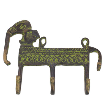 Antiqued Brass Indian Elephant Theme 3-Hook Coat Rack - Helpful Elephant
