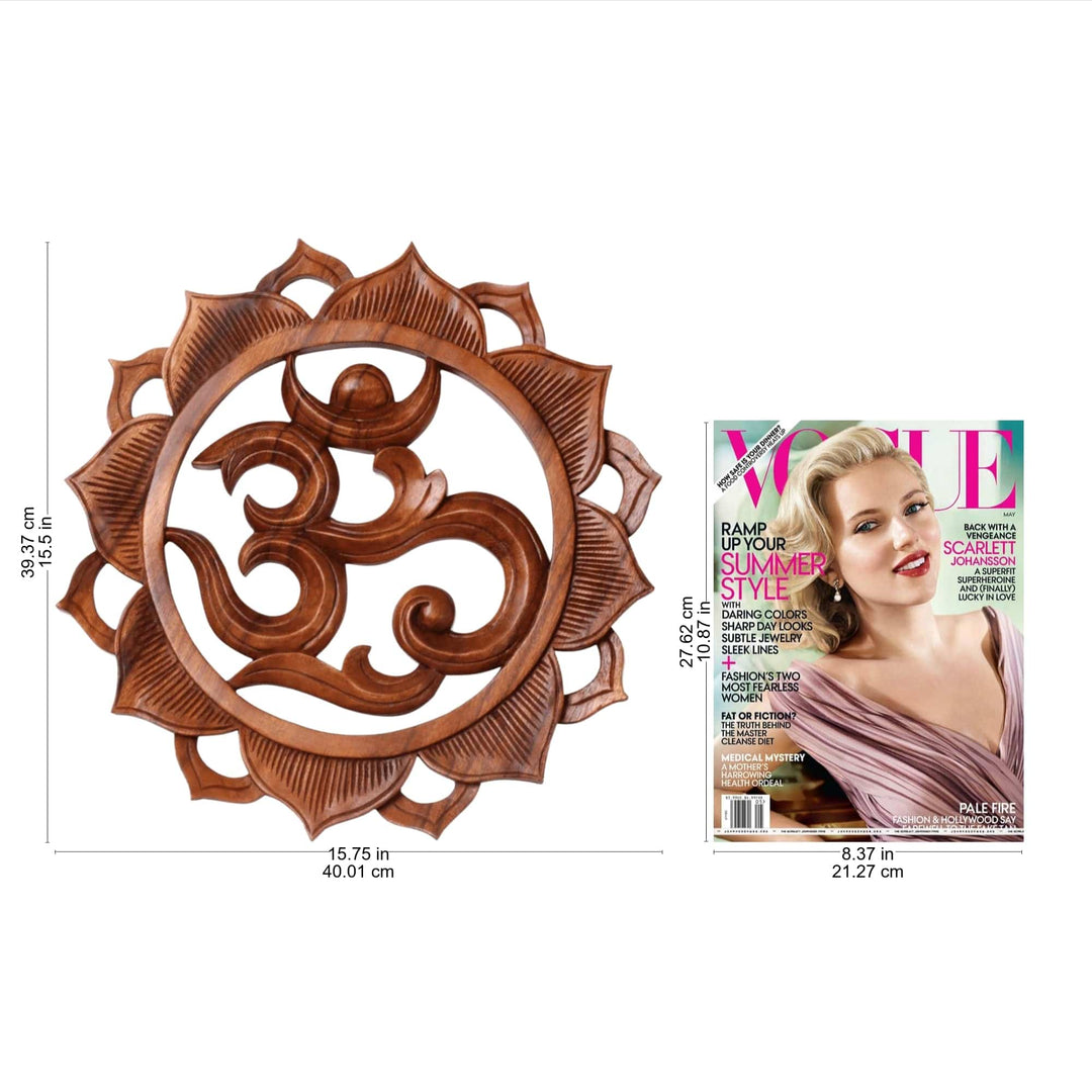 Hand Carved Wood Floral Lotus Om Relief Panel from Bali - Om Petals