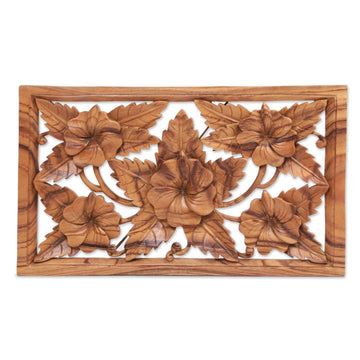 Hand Carved Shoe Flower Wood Wall Relief Panel from Bali - Shoe Flowers